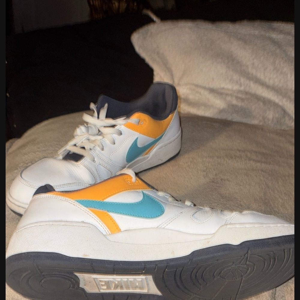 Nike White and Orange Sneakers with Blue Swoosh